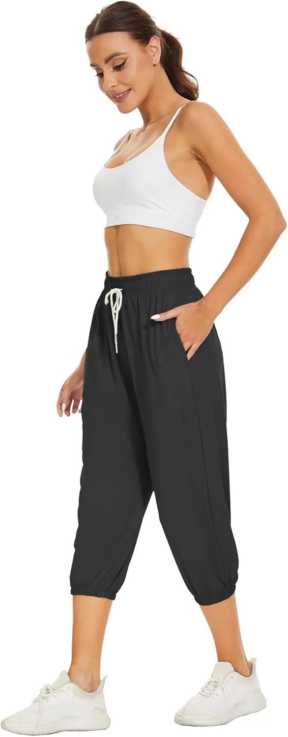 BATHRINS Women's Capri Sweatpants Summer Casual Jogger Drawstring Waist Pants with Back Pockets