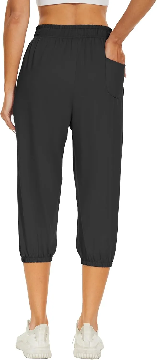 BATHRINS Women's Capri Sweatpants Summer Casual Jogger Drawstring Waist Pants with Back Pockets