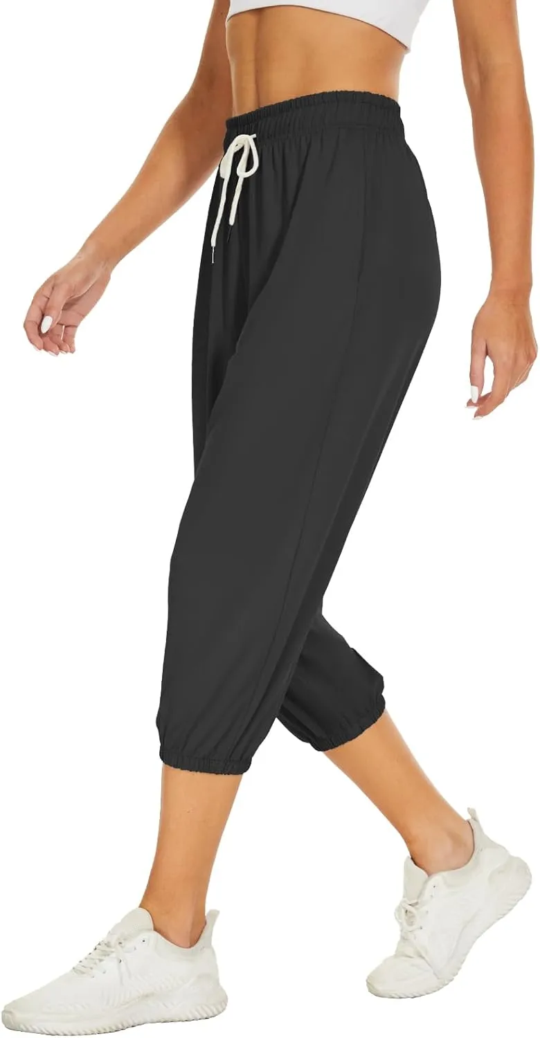 BATHRINS Women's Capri Sweatpants Summer Casual Jogger Drawstring Waist Pants with Back Pockets