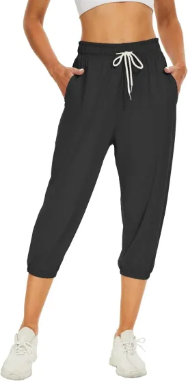 BATHRINS Women's Capri Sweatpants Summer Casual Jogger Drawstring Waist Pants with Back Pockets