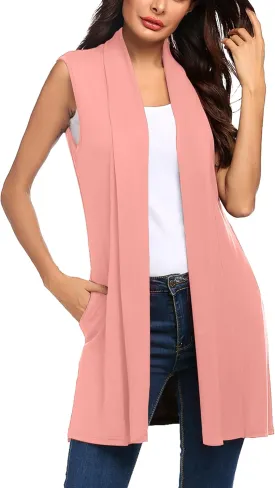 Beyove Womens Long Vests Sleeveless Draped Lightweight Open Front Cardigan Layering Vest with Side Pockets