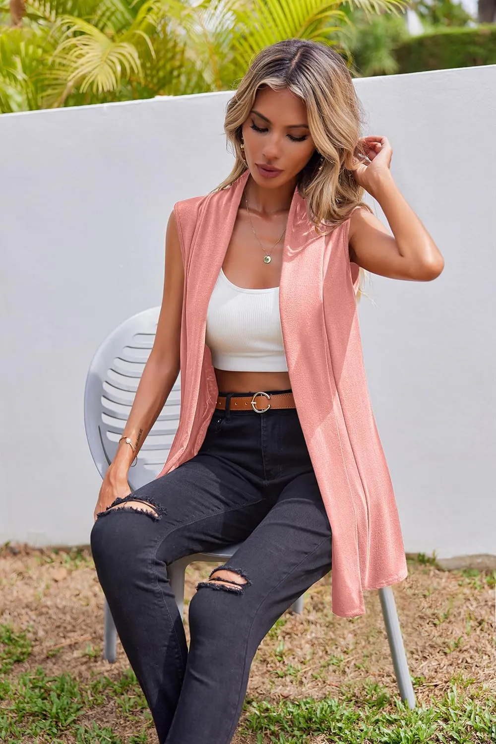 Beyove Womens Long Vests Sleeveless Draped Lightweight Open Front Cardigan Layering Vest with Side Pockets