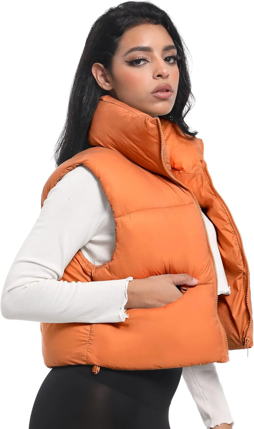 Buauty Cropped Puffer Vest Women 2025 Winter Puffy Vest with Pockets Lightweight Stand Collar Zip Up Sleeveless Jacket