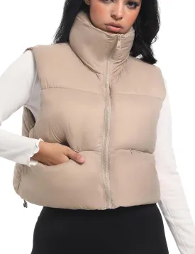 Buauty Cropped Puffer Vest Women 2025 Winter Puffy Vest with Pockets Lightweight Stand Collar Zip Up Sleeveless Jacket