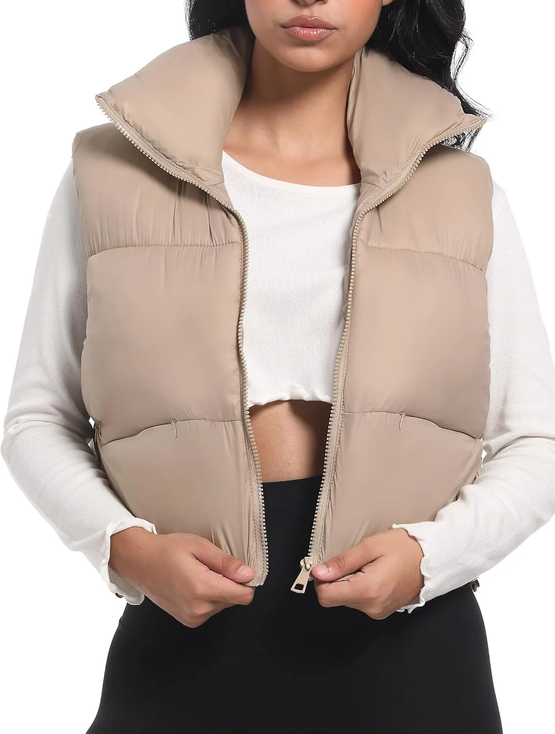 Buauty Cropped Puffer Vest Women 2025 Winter Puffy Vest with Pockets Lightweight Stand Collar Zip Up Sleeveless Jacket