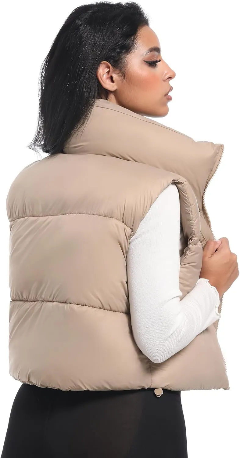 Buauty Cropped Puffer Vest Women 2025 Winter Puffy Vest with Pockets Lightweight Stand Collar Zip Up Sleeveless Jacket