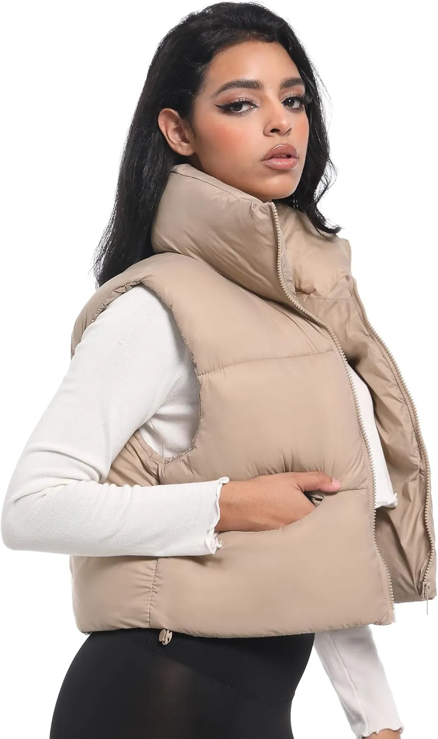 Buauty Cropped Puffer Vest Women 2025 Winter Puffy Vest with Pockets Lightweight Stand Collar Zip Up Sleeveless Jacket