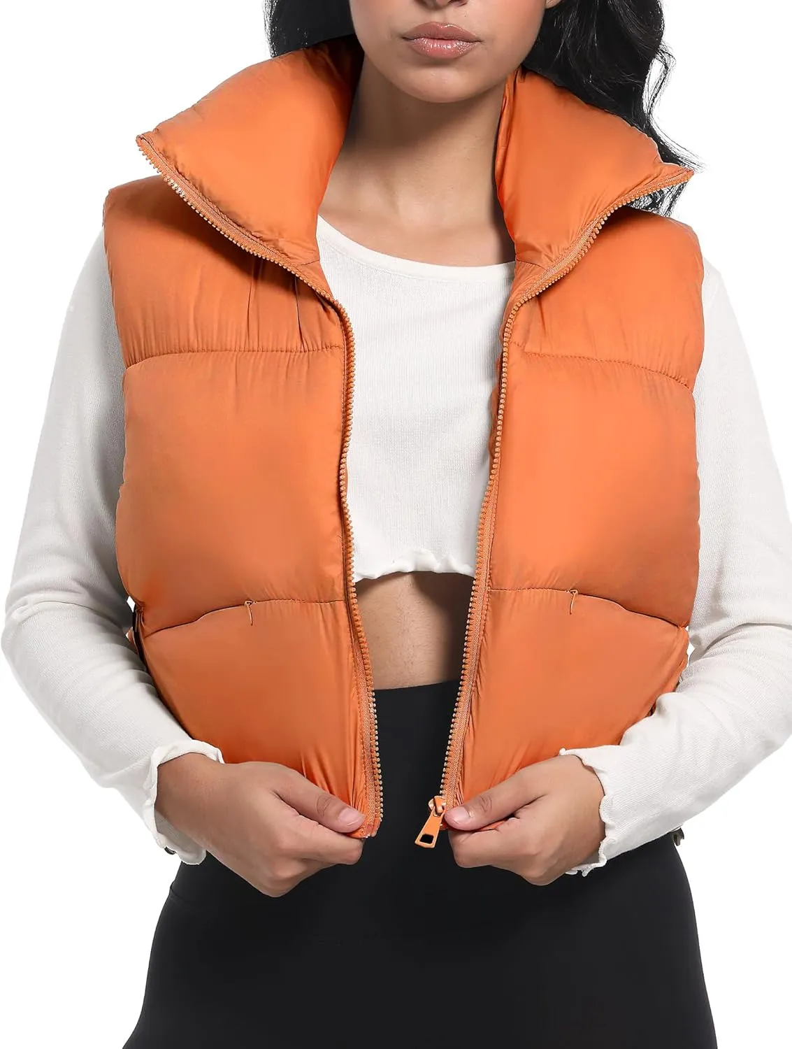 Buauty Cropped Puffer Vest Women 2025 Winter Puffy Vest with Pockets Lightweight Stand Collar Zip Up Sleeveless Jacket