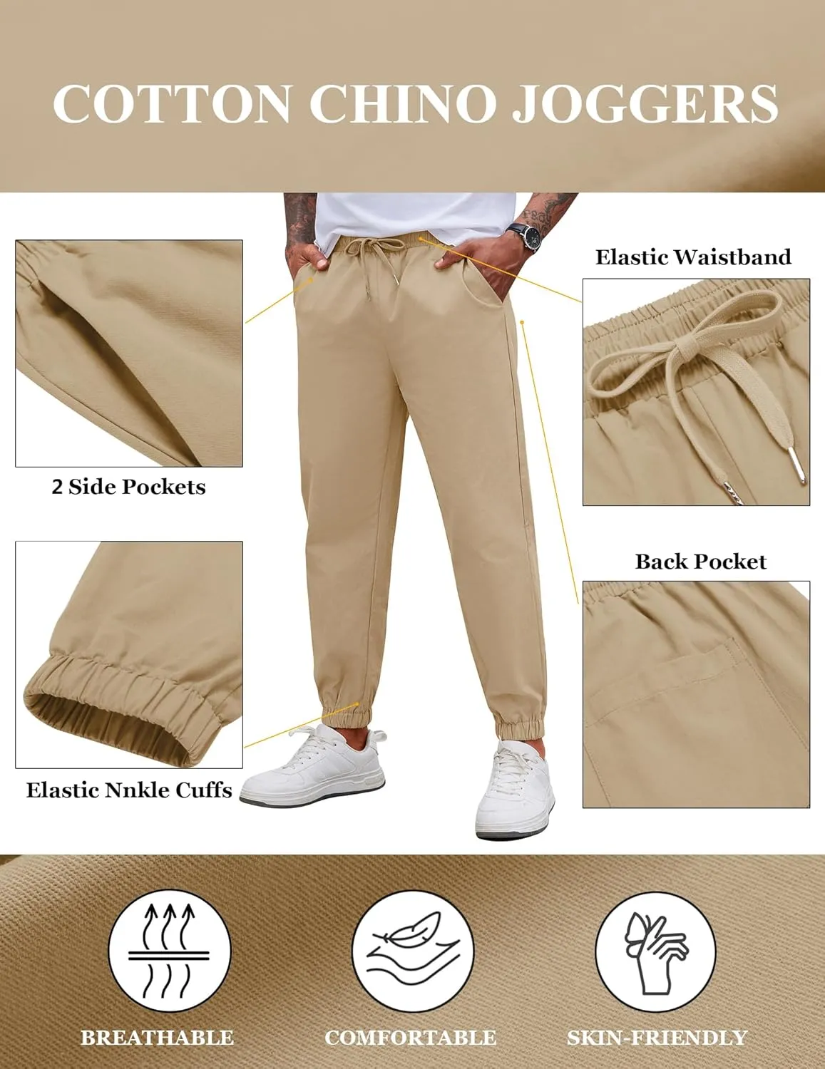COOFANDY Men's Casual Joggers Pants Cotton Elastic Waist Drawstring Chino Pants Hiking Outdoor Track Sweatpants
