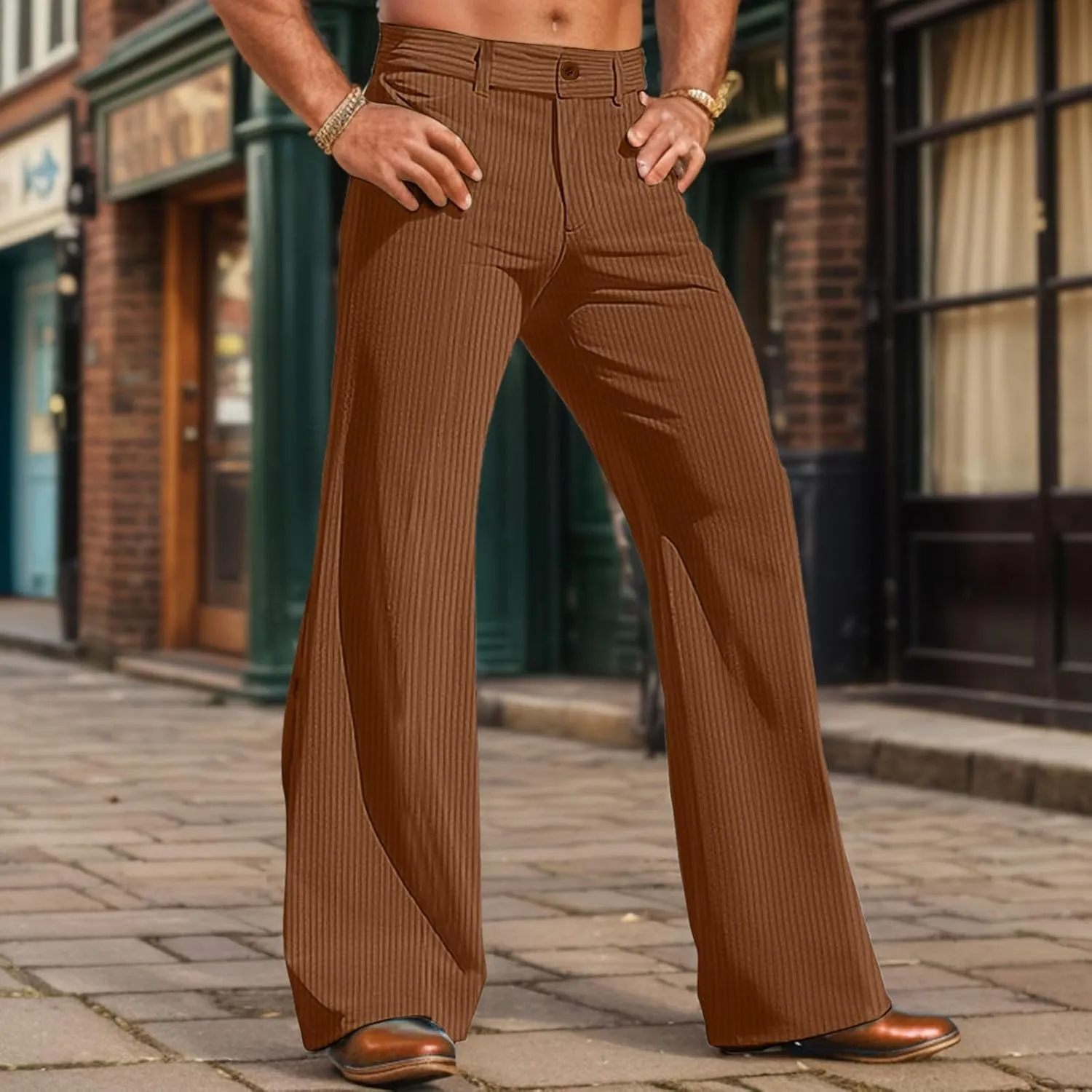 Fare Pants Men Corduroy Vintage Bell Bottom Pants 60s 70s Disco Outfits Stretch Slim Fitted Hippie Party Trousers