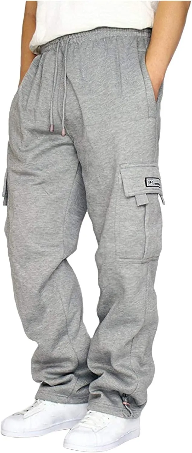 GOFULY Men Cargo Pants Fleece Elastic Waist Drawstring Pants Fashion Sweatpants with Pockets Workout Joggers Trouser