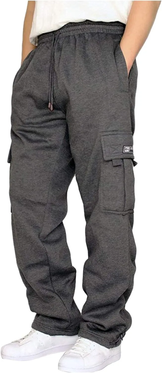 GOFULY Men Cargo Pants Fleece Elastic Waist Drawstring Pants Fashion Sweatpants with Pockets Workout Joggers Trouser