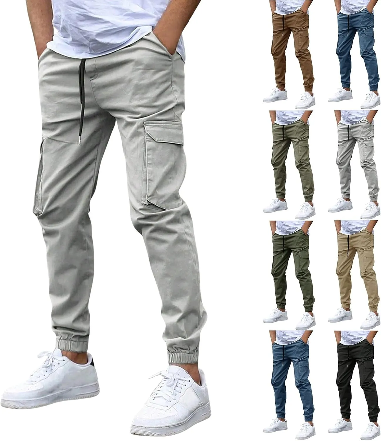 Mencomfy Cargo Pants Casual Stretch Slim Fit Hiking Pant Drawstring Athletic Joggers with Multi Pockets Tapered Trousers