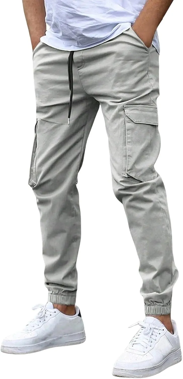 Mencomfy Cargo Pants Casual Stretch Slim Fit Hiking Pant Drawstring Athletic Joggers with Multi Pockets Tapered Trousers