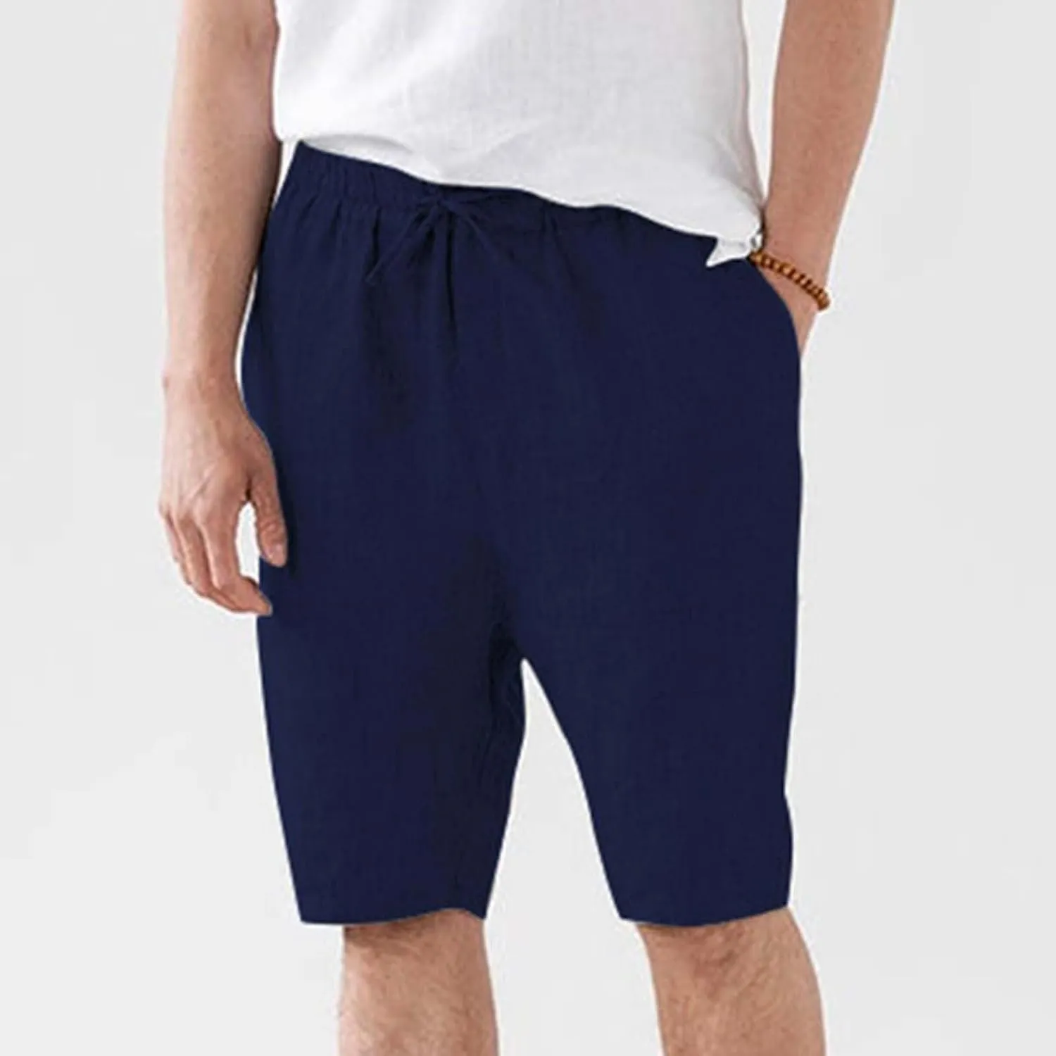 Mens Cotton and Linen Shorts Elastic Drawstring Solid Color Plus Size Casual Loose Pants Lightweight Breathable Beach Capris