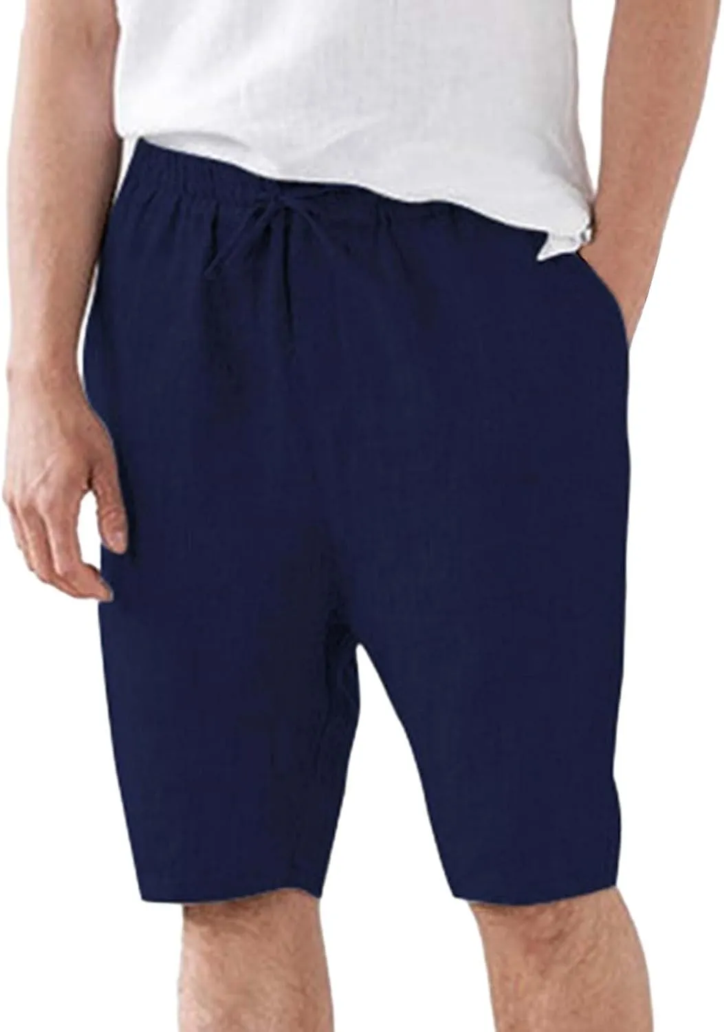 Mens Cotton and Linen Shorts Elastic Drawstring Solid Color Plus Size Casual Loose Pants Lightweight Breathable Beach Capris