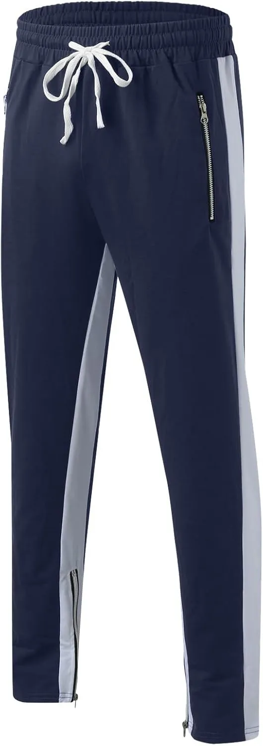Mens Stripe Track Pants Skinny Fit Stretch Elastic Waist Ankle Zipper Joggers Workout Active Pants Streetwear