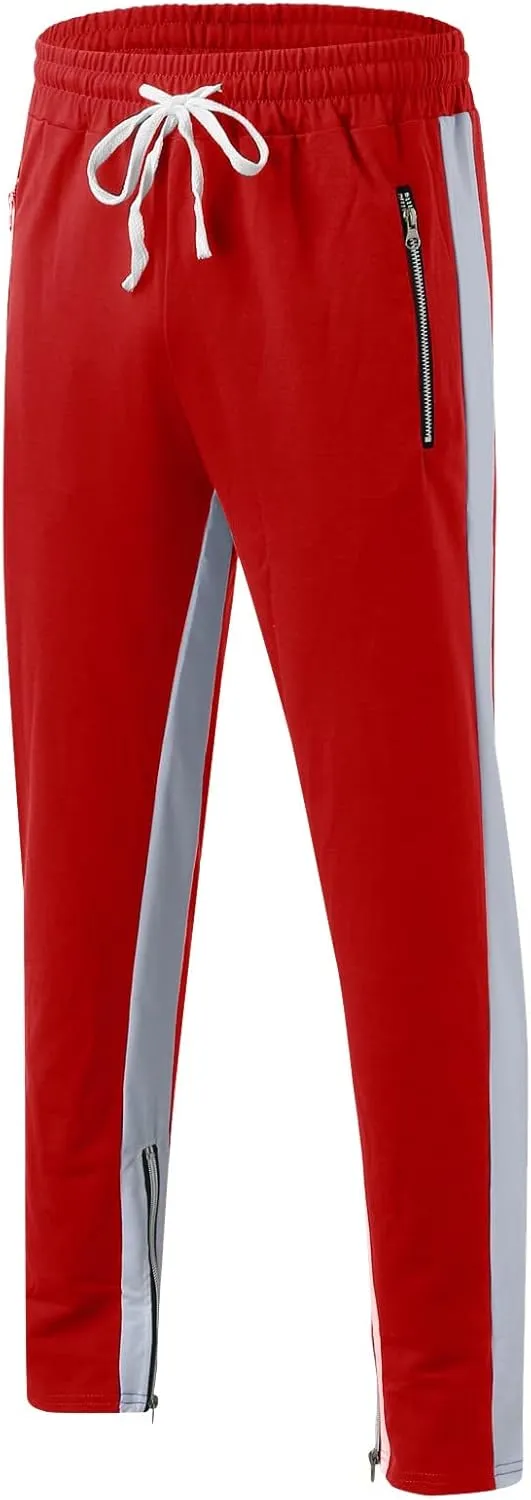 Mens Stripe Track Pants Skinny Fit Stretch Elastic Waist Ankle Zipper Joggers Workout Active Pants Streetwear