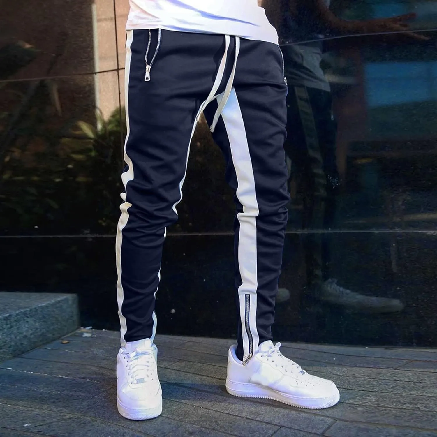 Mens Stripe Track Pants Skinny Fit Stretch Elastic Waist Ankle Zipper Joggers Workout Active Pants Streetwear