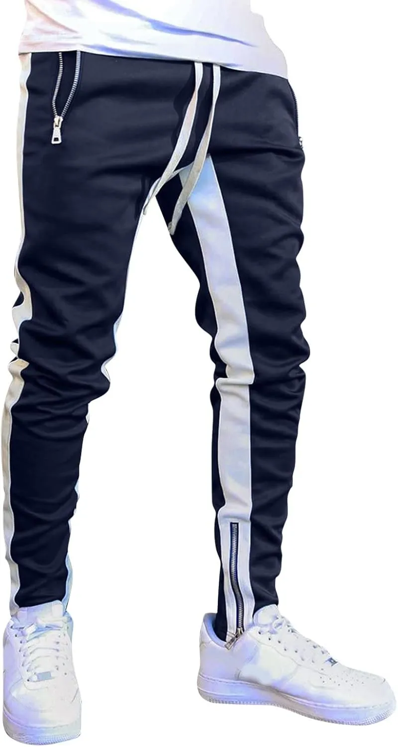 Mens Stripe Track Pants Skinny Fit Stretch Elastic Waist Ankle Zipper Joggers Workout Active Pants Streetwear