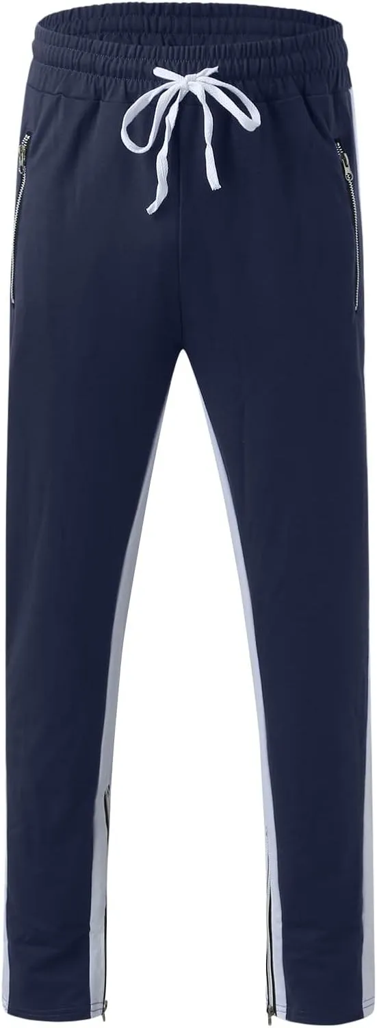 Mens Stripe Track Pants Skinny Fit Stretch Elastic Waist Ankle Zipper Joggers Workout Active Pants Streetwear