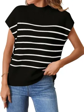 MEROKEETY Women's 2025 Sleeveless Mock Neck Striped Sweater Vest Cap Sleeve Ribbed Knit Pullover Tank Tops