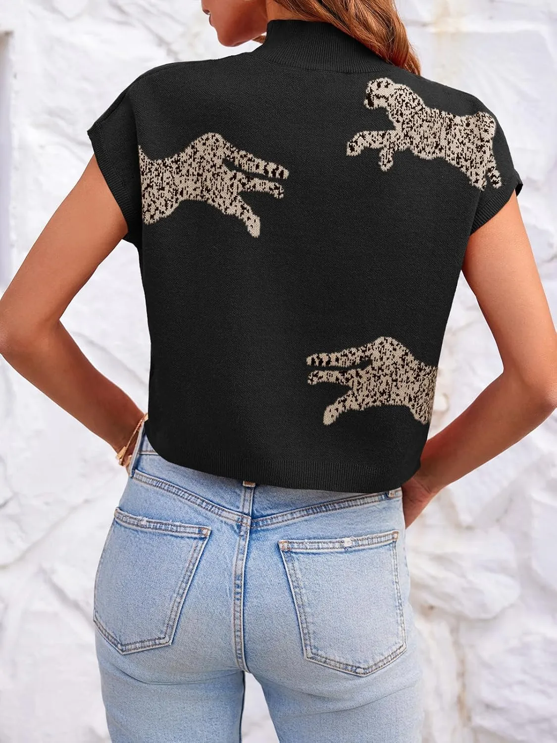 Saodimallsu Womens Mock Neck Sleeveless Sweater Vest Leopard Print Cap Sleeve Casual Loose Knit Crop Tops