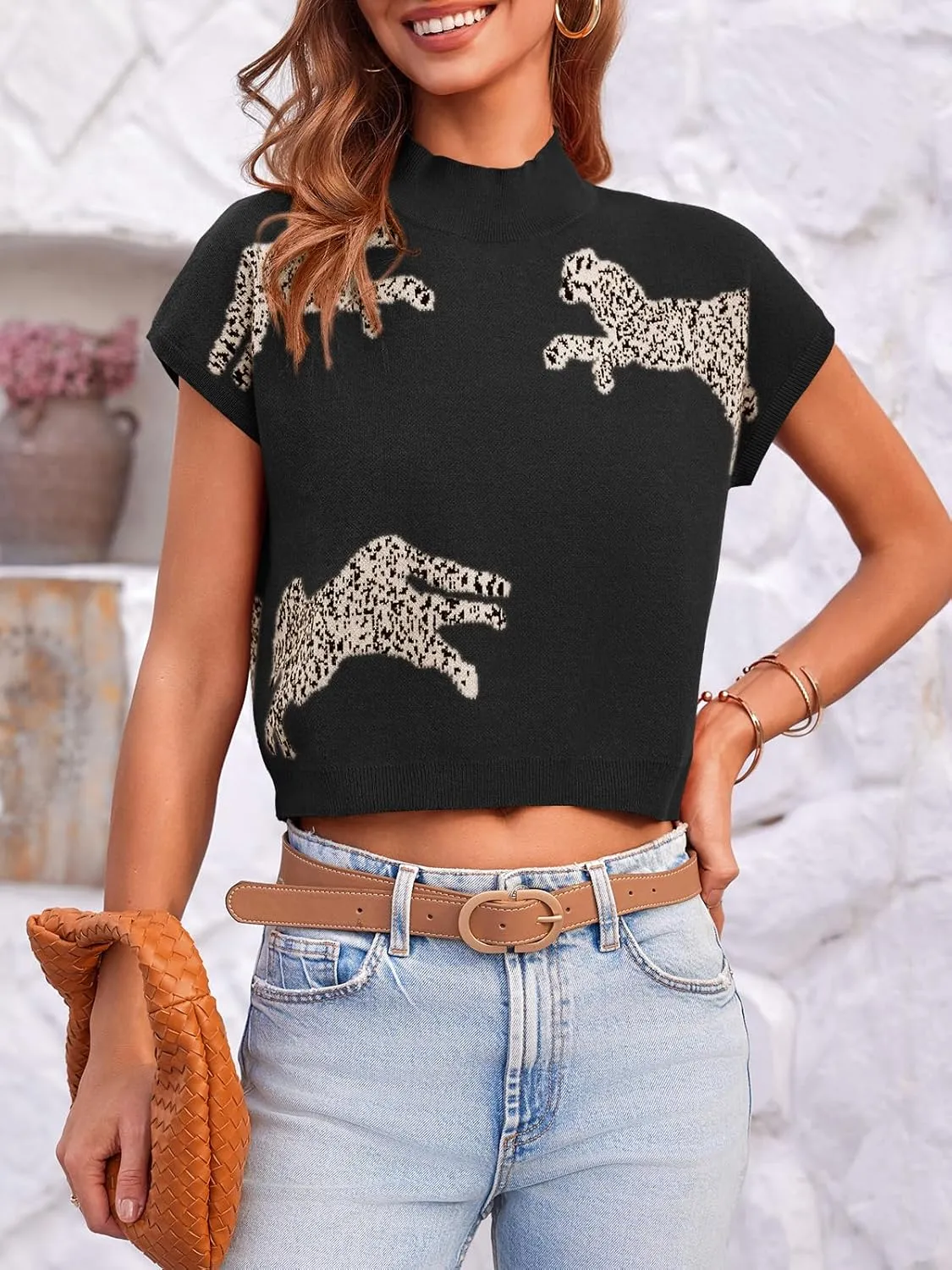 Saodimallsu Womens Mock Neck Sleeveless Sweater Vest Leopard Print Cap Sleeve Casual Loose Knit Crop Tops