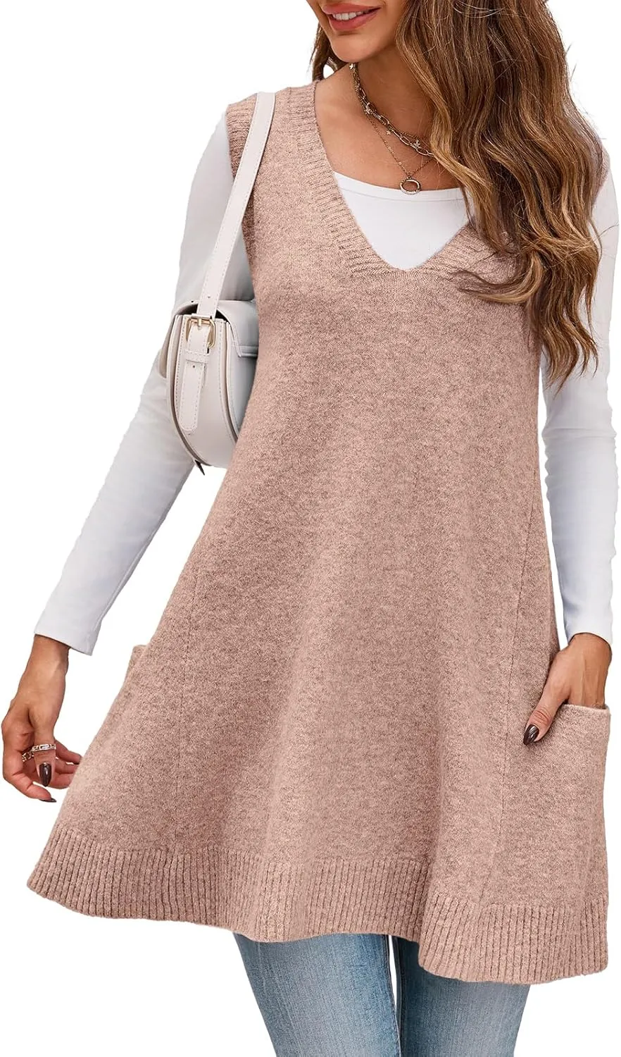 Saodimallsu Womens Sleeveless Sweater Vest V Neck Loose Knit Casual A Line Flattering Tunic Top with Pockets