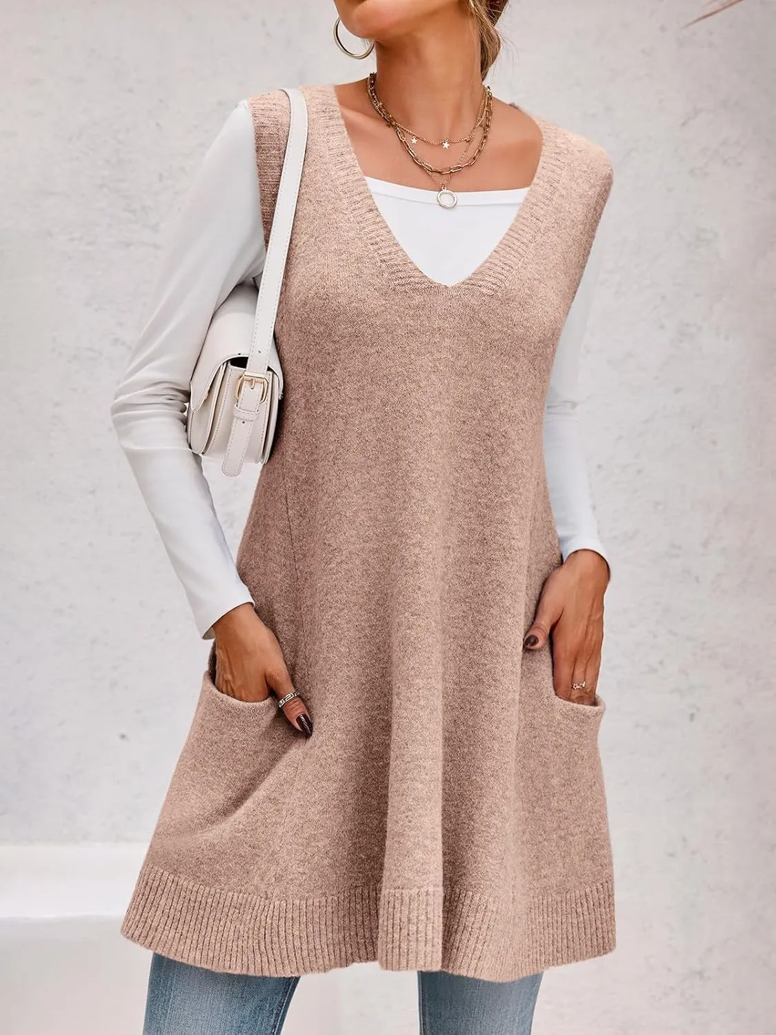 Saodimallsu Womens Sleeveless Sweater Vest V Neck Loose Knit Casual A Line Flattering Tunic Top with Pockets
