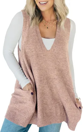 Saodimallsu Womens Sleeveless Sweater Vest V Neck Loose Knit Casual A Line Flattering Tunic Top with Pockets