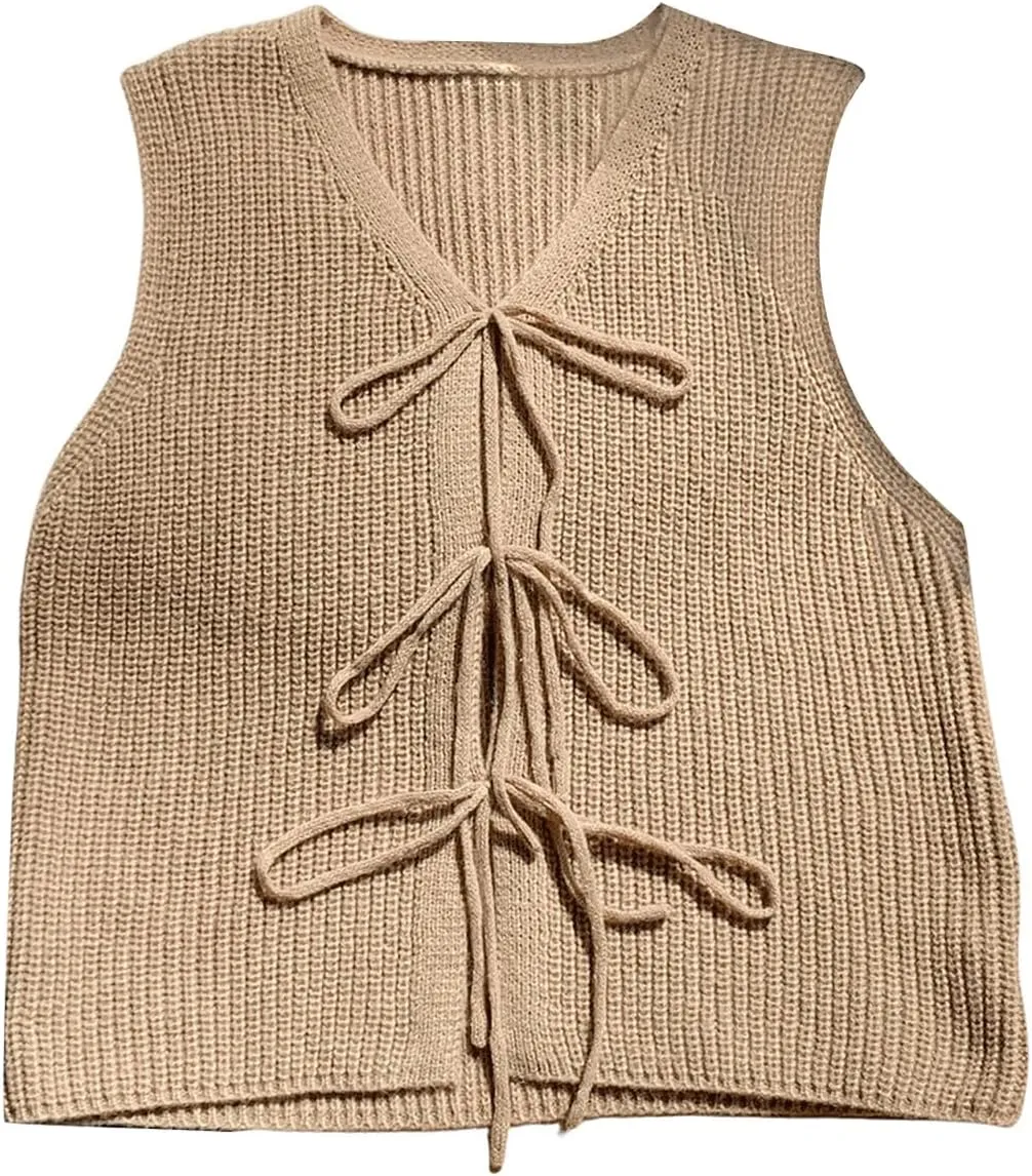 Verdusa Women's Plus Size Bow Tie Front Sweater Vests Sleeveless V Neck Knitted Cardigan Outwear