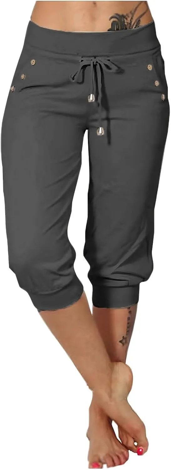 Womens Capri Pants High Waisted Drawstring Joggers Stretch Lightweight Casual Hiking Yoga Plus Size Pants with Pockets
