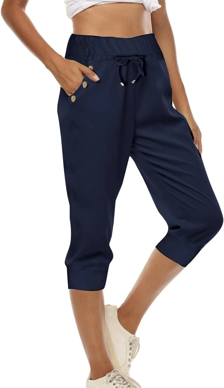 Womens Capri Pants High Waisted Drawstring Joggers Stretch Lightweight Casual Hiking Yoga Plus Size Pants with Pockets