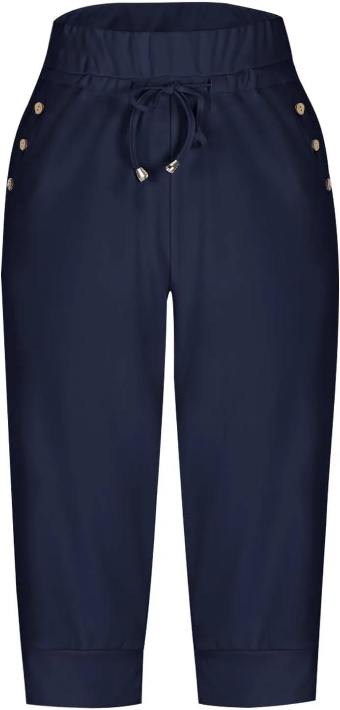 Womens Capri Pants High Waisted Drawstring Joggers Stretch Lightweight Casual Hiking Yoga Plus Size Pants with Pockets