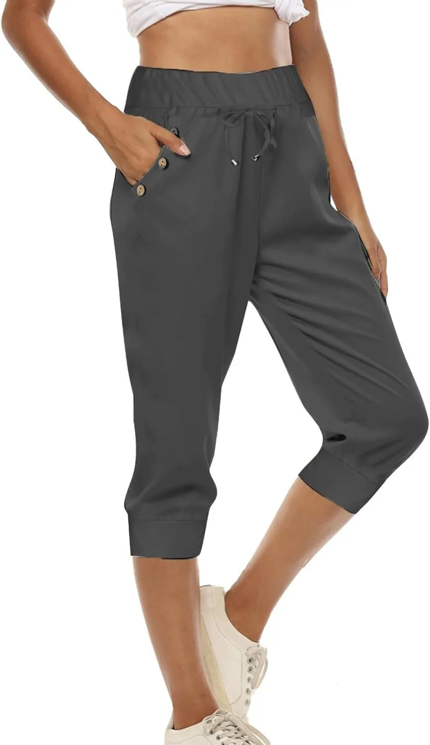 Womens Capri Pants High Waisted Drawstring Joggers Stretch Lightweight Casual Hiking Yoga Plus Size Pants with Pockets