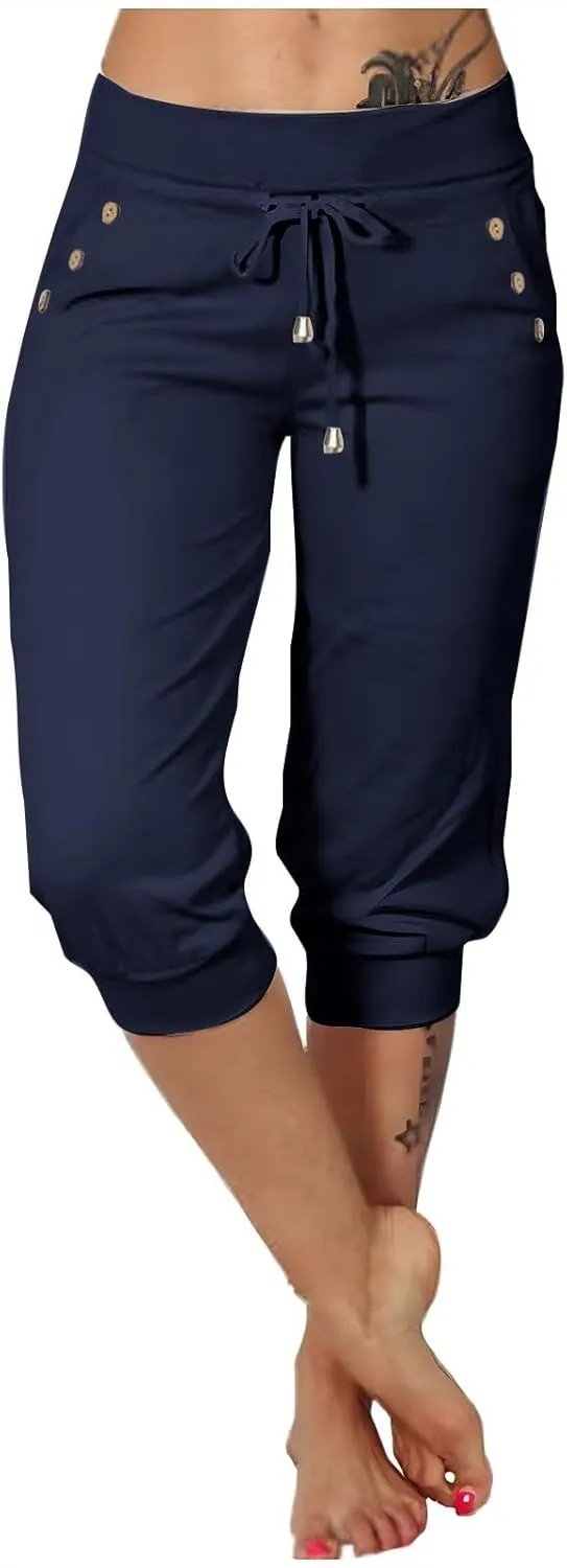 Womens Capri Pants High Waisted Drawstring Joggers Stretch Lightweight Casual Hiking Yoga Plus Size Pants with Pockets