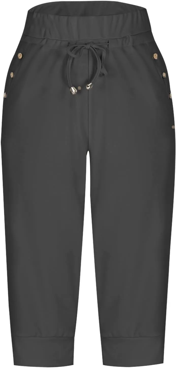 Womens Capri Pants High Waisted Drawstring Joggers Stretch Lightweight Casual Hiking Yoga Plus Size Pants with Pockets