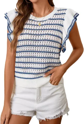 Women's Cute Crochet Knit Striped Sweater Vest Fall 2024 Lightweight Crewneck Ruffles Cap Sleeve Crop Top
