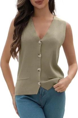 Women's Sweater Vests Summer V Neck Knit Tank Tops Crochet Button Down Sleeveless Y2k Shirts