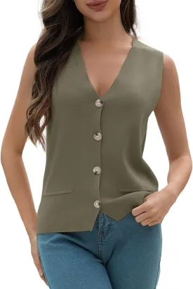 Women's Sweater Vests Summer V Neck Knit Tank Tops Crochet Button Down Sleeveless Y2k Shirts