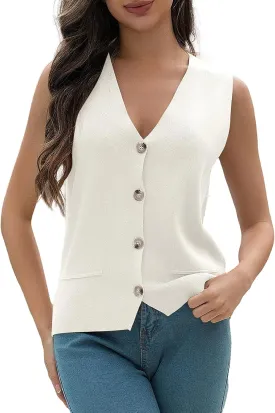 Women's Sweater Vests Summer V Neck Knit Tank Tops Crochet Button Down Sleeveless Y2k Shirts
