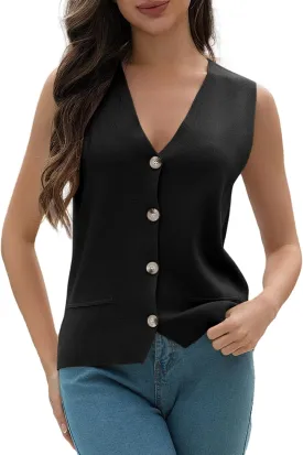 Women's Sweater Vests Summer V Neck Knit Tank Tops Crochet Button Down Sleeveless Y2k Shirts
