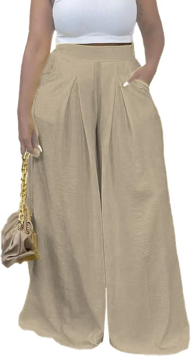 Women's Wide Leg Long Palazzo Pants High Waist Loose Fit Casual Flowy Pants Trousers with Pockets