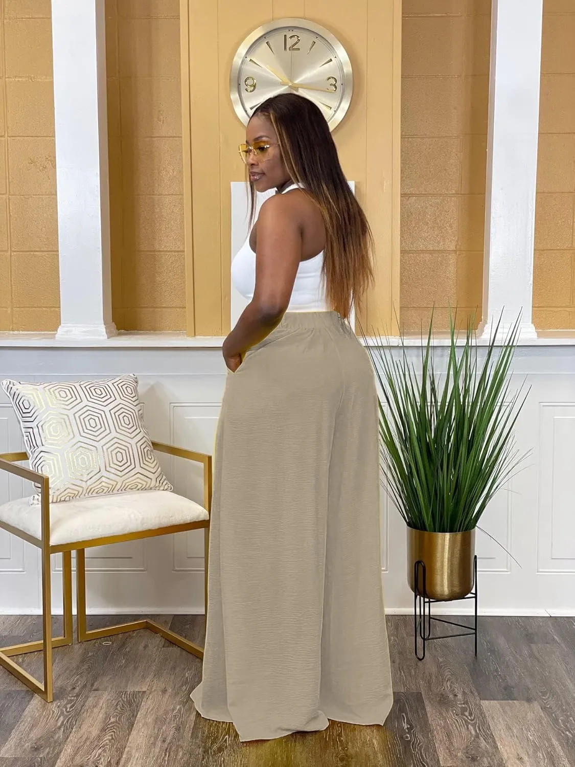 Women's Wide Leg Long Palazzo Pants High Waist Loose Fit Casual Flowy Pants Trousers with Pockets