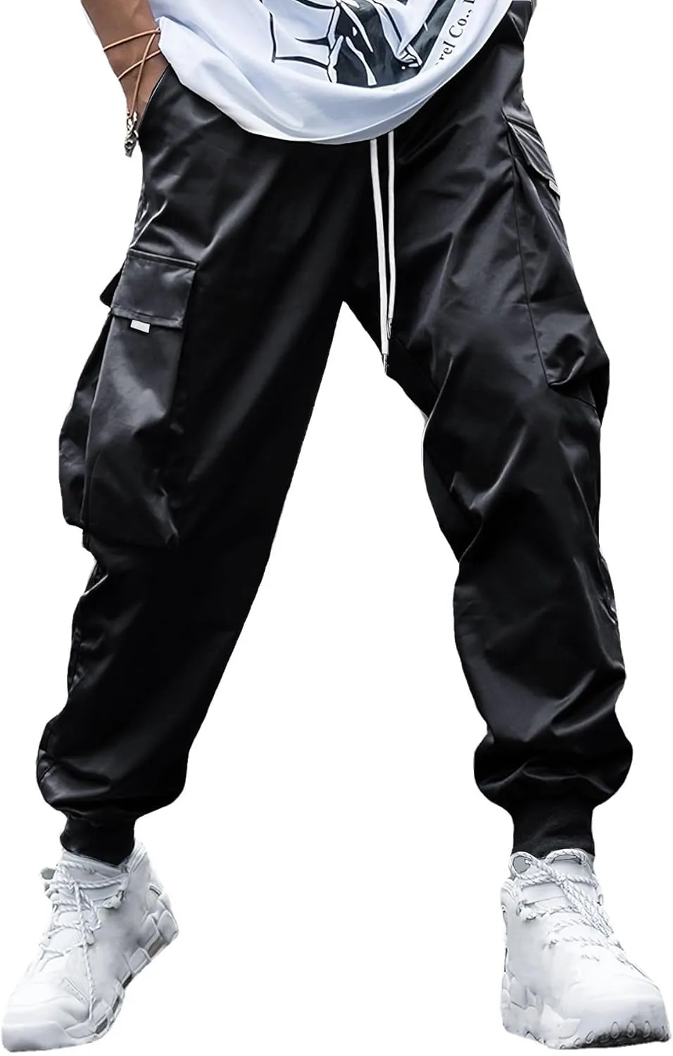 WZIKAI Men's Casual Cargo Pants Elastic Waist Drawstring Tapered Pants Athletic Techwear Joggers Pants with Flap Pockets
