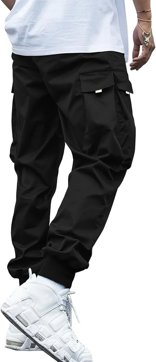WZIKAI Men's Casual Cargo Pants Elastic Waist Drawstring Tapered Pants Athletic Techwear Joggers Pants with Flap Pockets