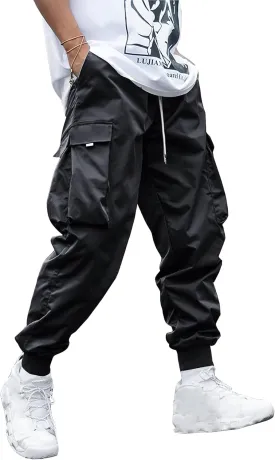 WZIKAI Men's Casual Cargo Pants Elastic Waist Drawstring Tapered Pants Athletic Techwear Joggers Pants with Flap Pockets