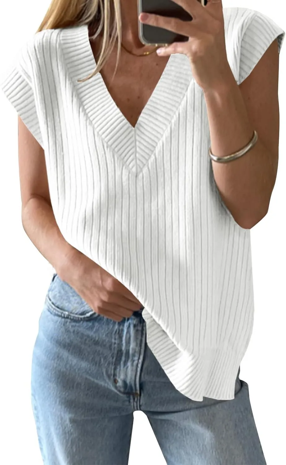 ZDC Women's V Neck Sweater Vest Oversized Sleeveles Casual Tank Tops Ribbed Knit Loose Fit Pullover