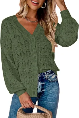 Zeagoo Women's Lightweight Crochet Cropped Cardigan 2024 V Neck Long Sleeve Button up Bolero Shrug Sweater